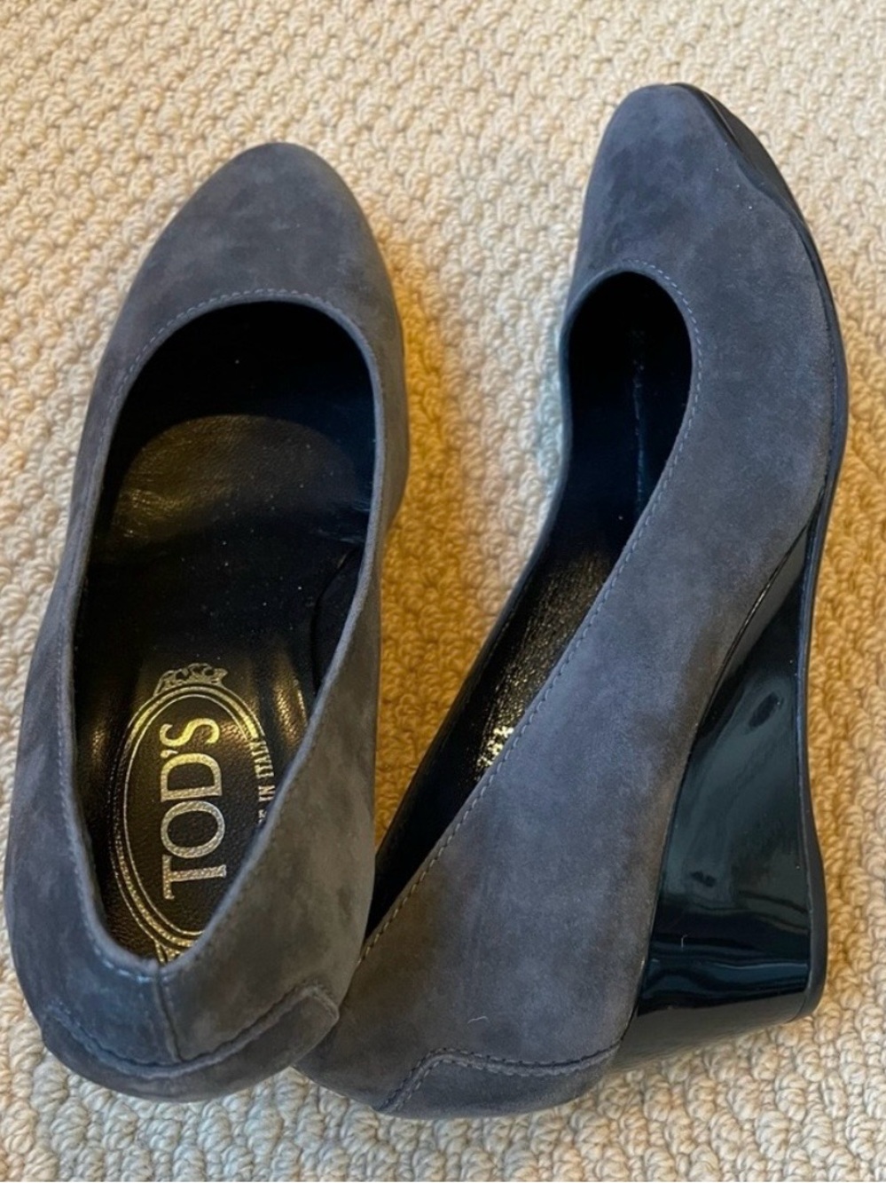 Tod's Gray Suede Wedge Pumps with Glossy Black Heel